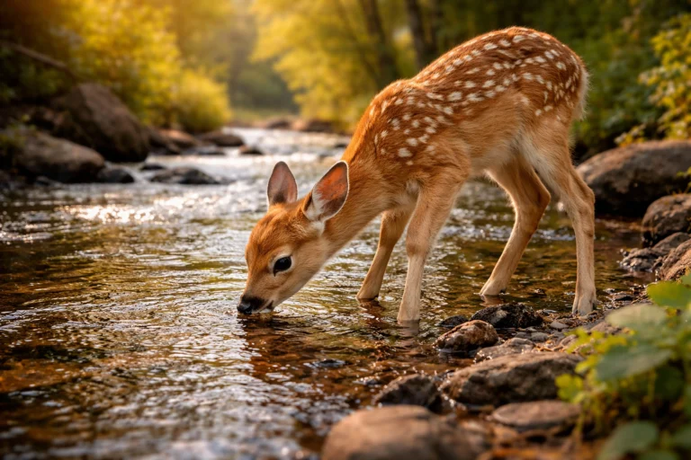 Rehkitz trinkt Wasser aus einem Bachlauf